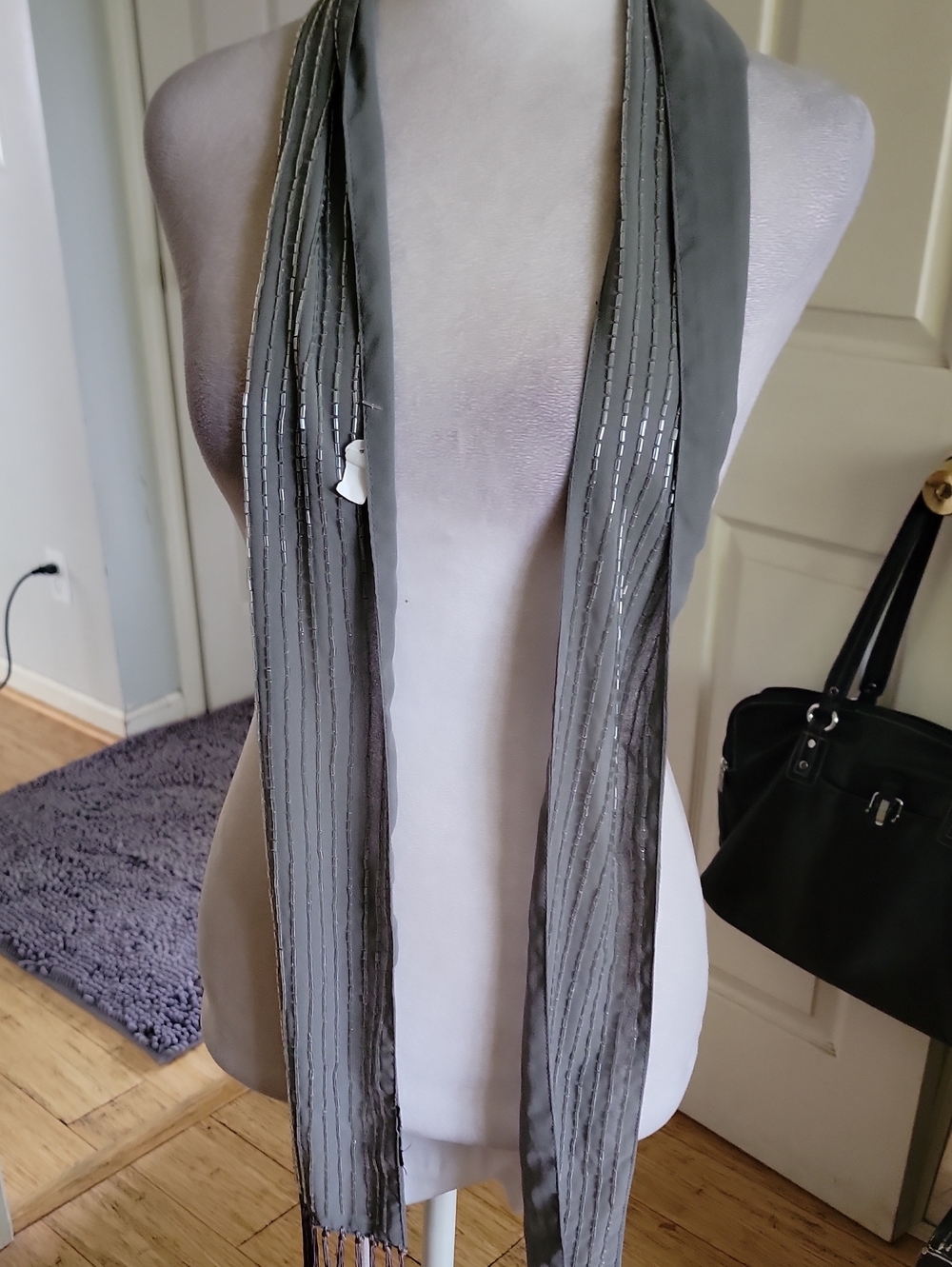 Gray Women's Decorative Scarf with Metallic Stripe Accents